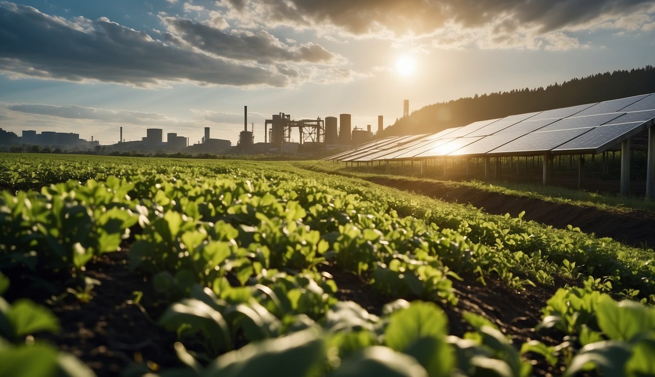 A lush green field with organic crops and solar panels contrasts with a factory emitting pollution and waste