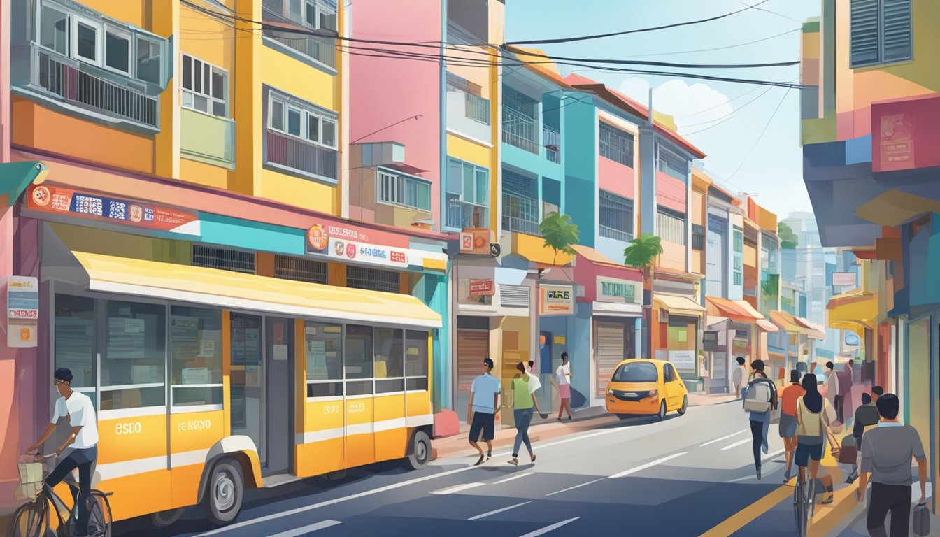 A bustling street in Rochor, Singapore, with a prominent sign for the best licensed money lender. Pedestrians pass by as the sun shines down on the vibrant neighborhood