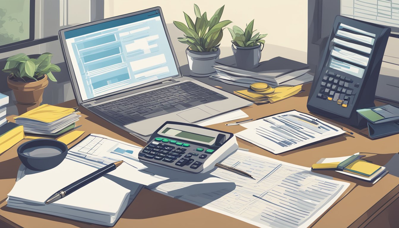 A person researching on a laptop with a stack of documents, a calculator, and a pen on a desk. A sign with "Best Licensed Money Lender" in the background