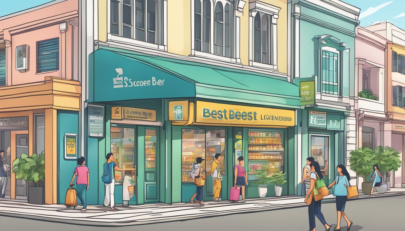 A bustling street in Dover, Singapore, with a prominent sign advertising the "Best Licensed Money Lender." Bright and inviting storefront with people entering and exiting