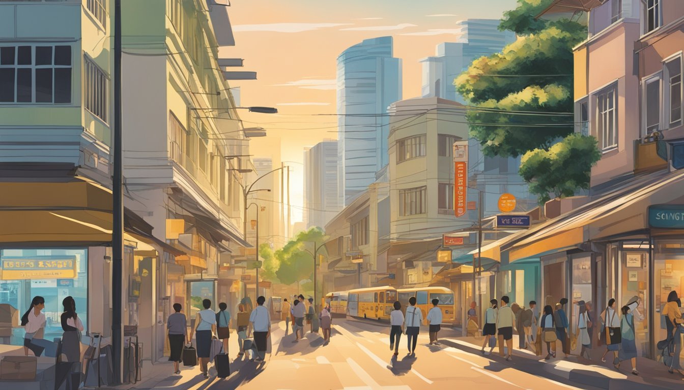 A bustling street in Dover, Singapore, with a prominent sign reading "Best Licensed Money Lender." Pedestrians pass by, and the sun casts a warm glow on the scene