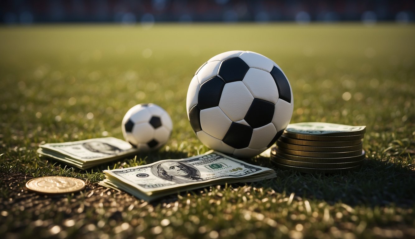 A soccer field with two separate piles of money, one significantly larger than the other, representing the pay disparity between men's and women's sports