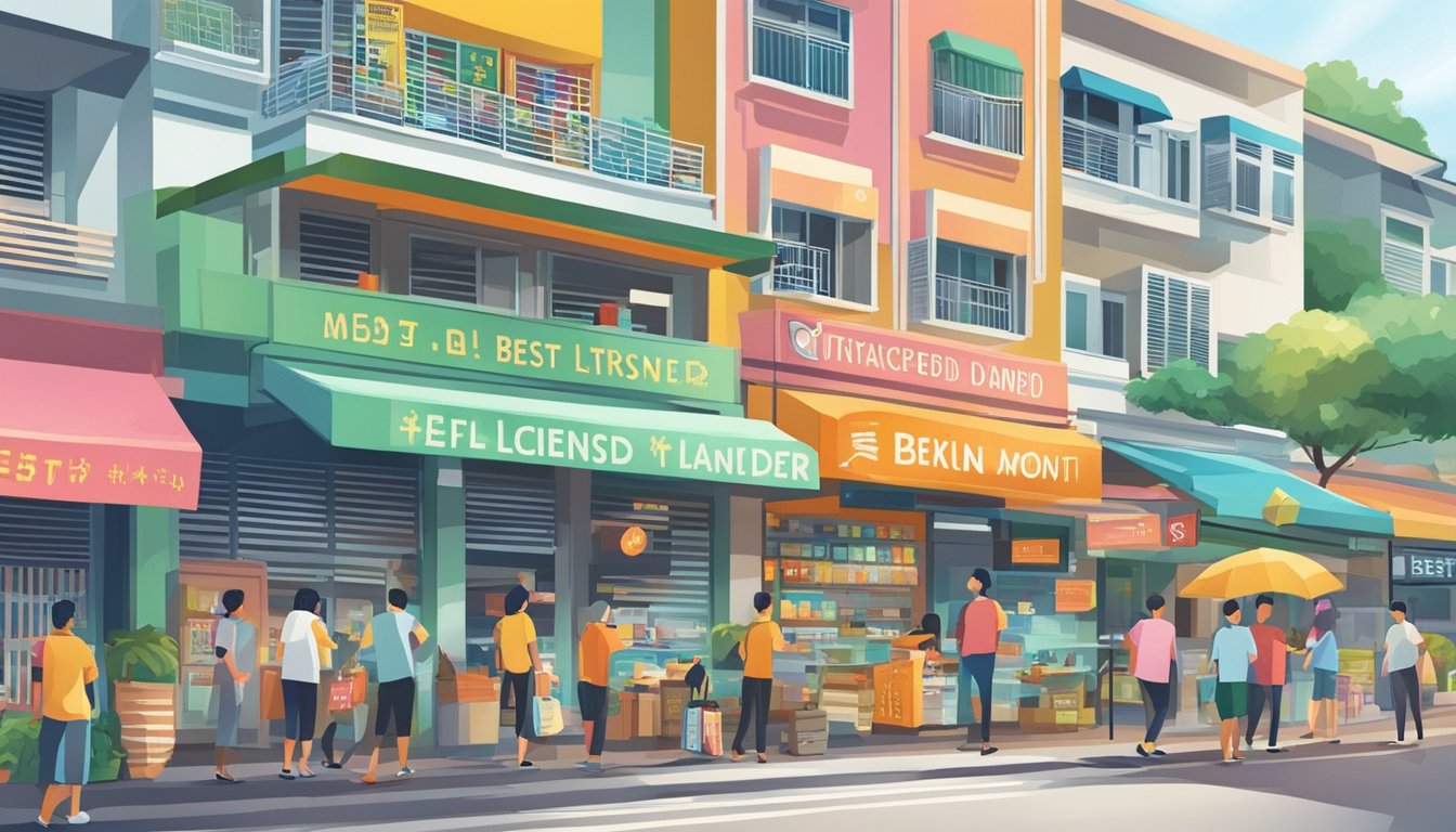 A bustling street in Clementi, Singapore, with a prominent sign reading "Best Licensed Money Lender." Bright colors and a sense of trustworthiness emanate from the storefront
