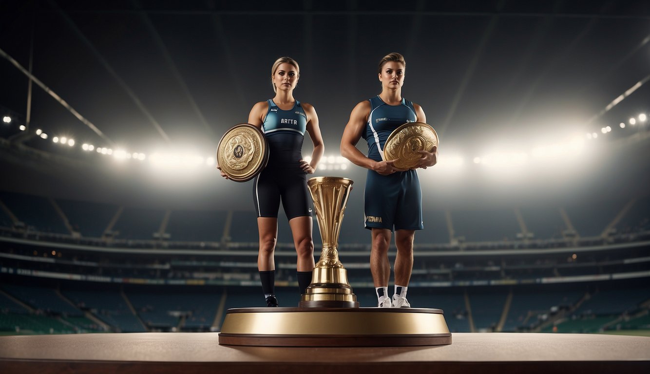 A female athlete stands on a podium, holding a trophy, while a male athlete stands on a separate podium, also holding a trophy. A large scale behind them shows the significant pay gap between men and women in sports