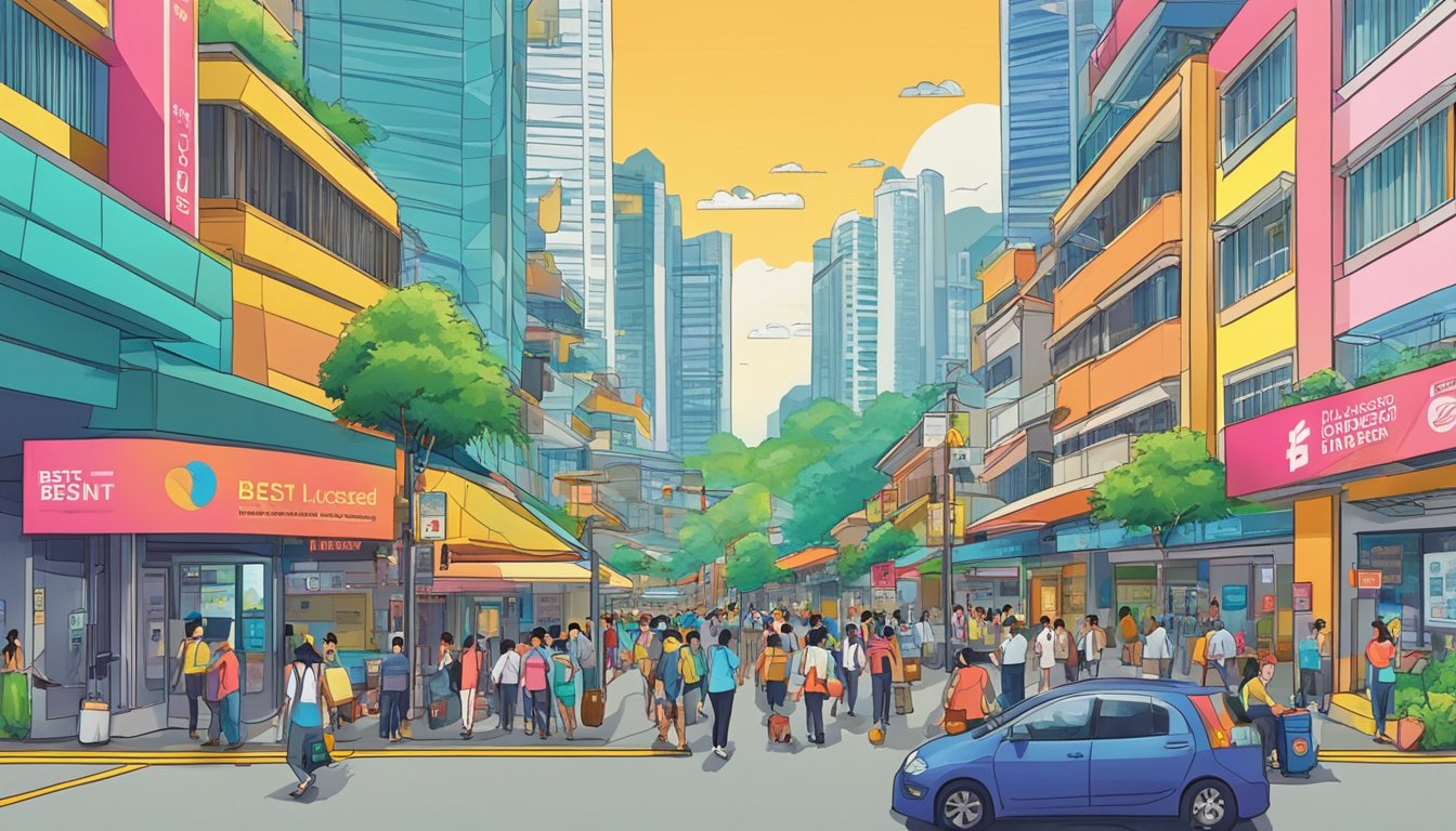 A bustling street in Clementi, Singapore with a prominent sign reading "Best Licensed Money Lender." Bright colors and busy foot traffic convey a sense of reliability and accessibility