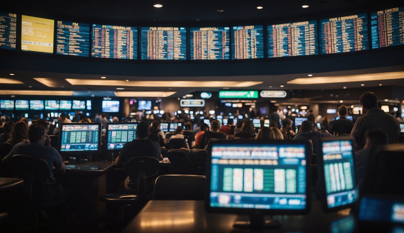 A crowded sportsbook with flashing screens and cheering fans in California. Betting slips and cashiers are busy as people place their bets