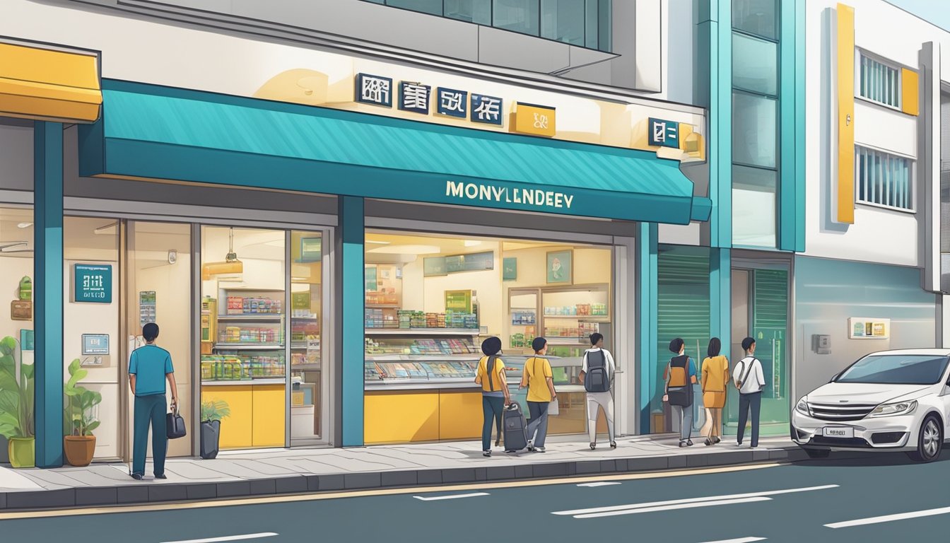 A storefront with a prominent sign reading "Reputable Licensed Money Lender" in Clementi, Singapore. The building is clean and well-maintained, with professional-looking employees assisting customers inside