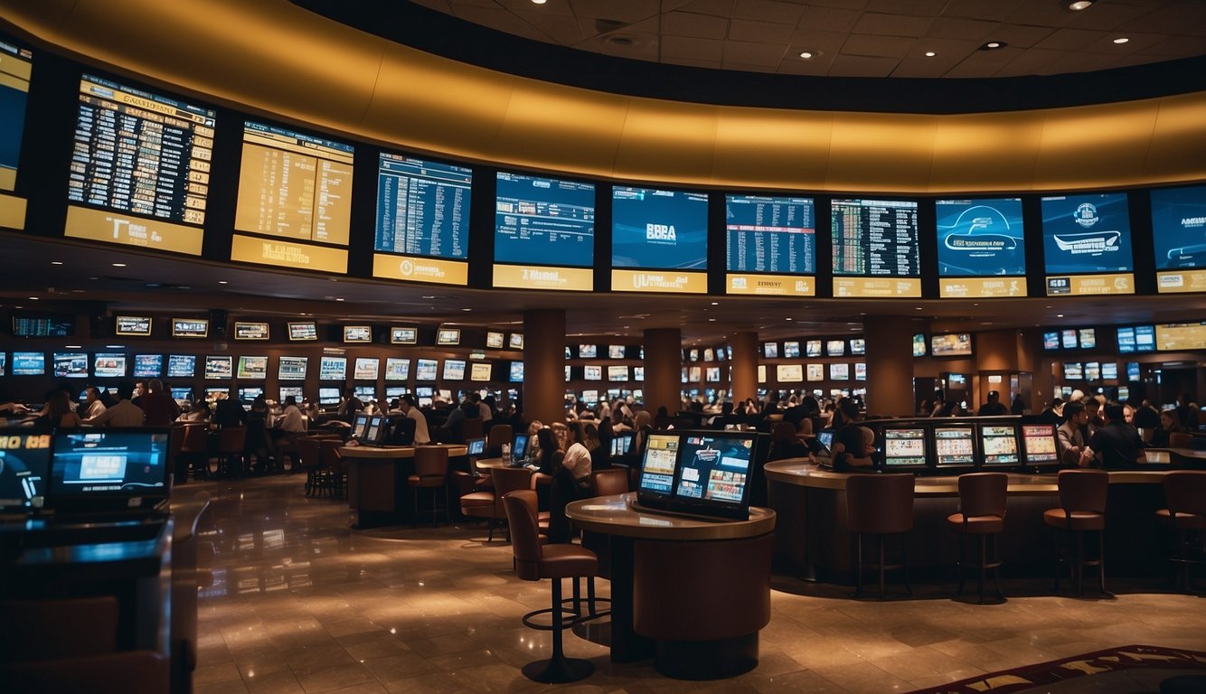 A bustling sportsbook with bright screens and odds boards. Patrons eagerly place bets while staff assist with transactions. Excitement fills the air as the California market thrives