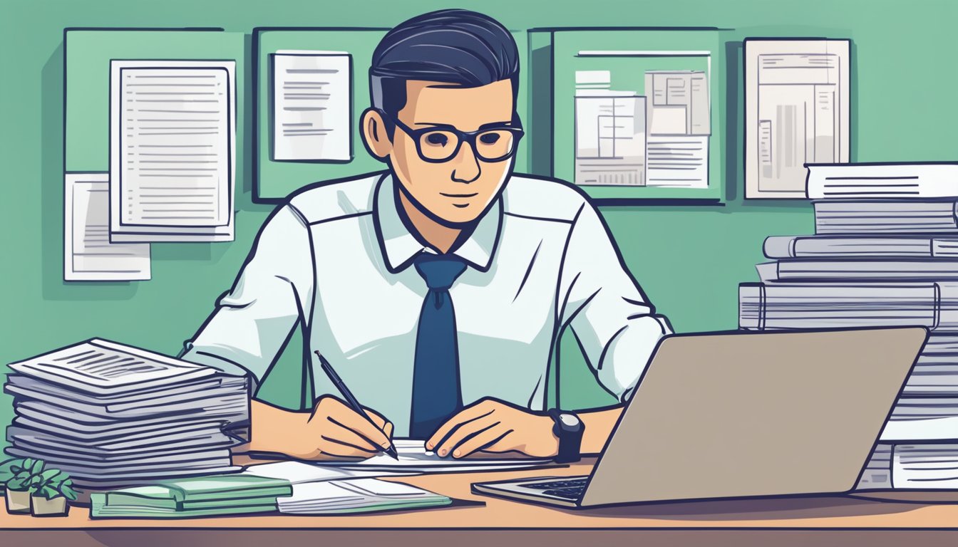 A person sitting at a desk, surrounded by paperwork and a laptop, researching best licensed money lenders in Clementi, Singapore. The person looks focused and determined, with a pen in hand ready to take notes