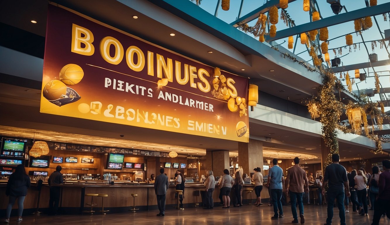 A colorful banner with the words "Bonuses and Promotions" hanging above a sports betting venue in California. The scene is lively and vibrant, with people cheering and placing bets