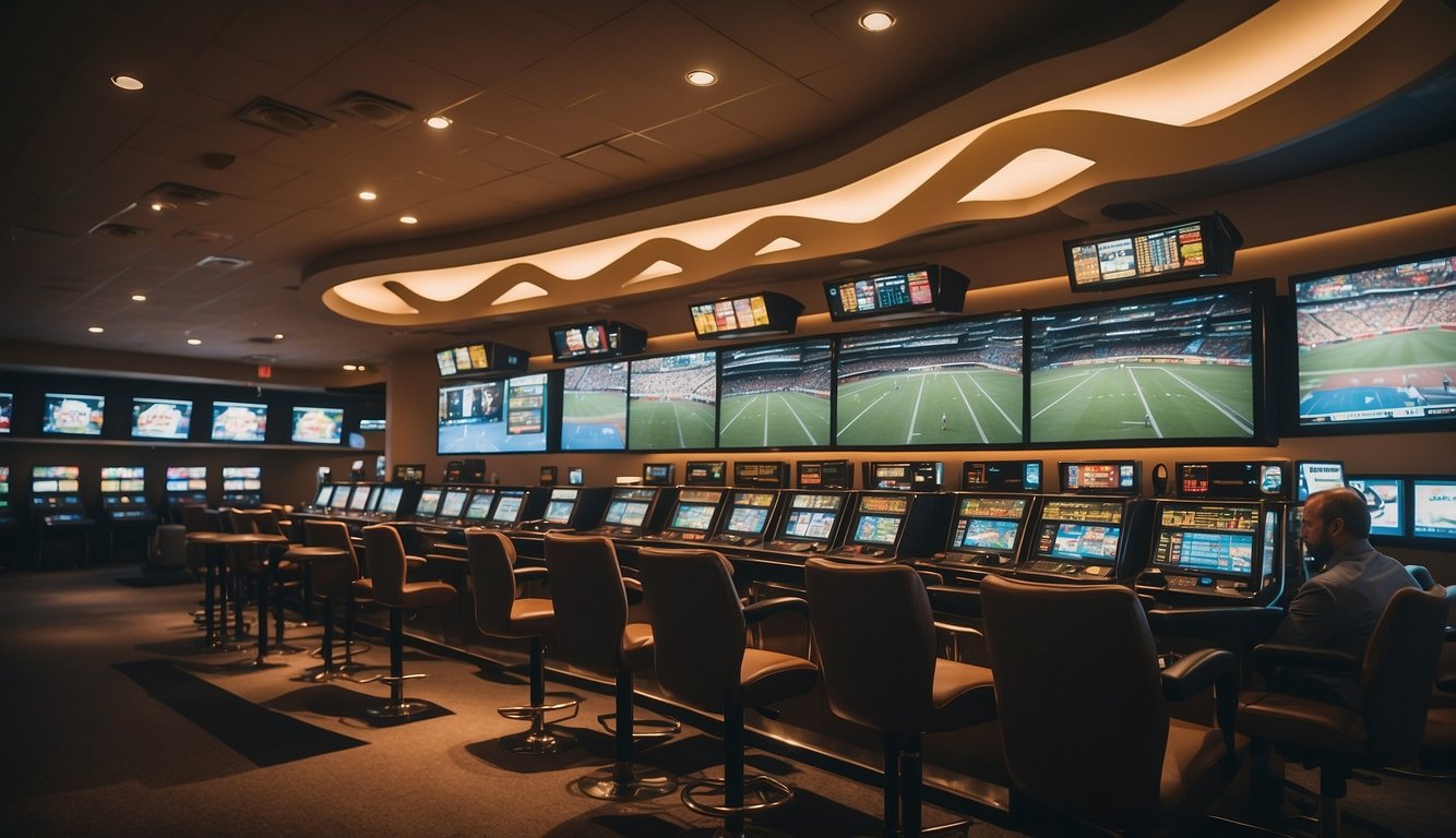 A serene, sunlit sportsbook with clear signage on responsible gaming and support services in California