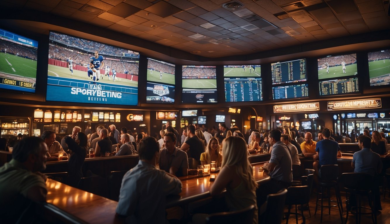 A crowded sports bar with TV screens showing various games, people cheering and placing bets at the counter, and a large sign advertising sports betting options in Texas