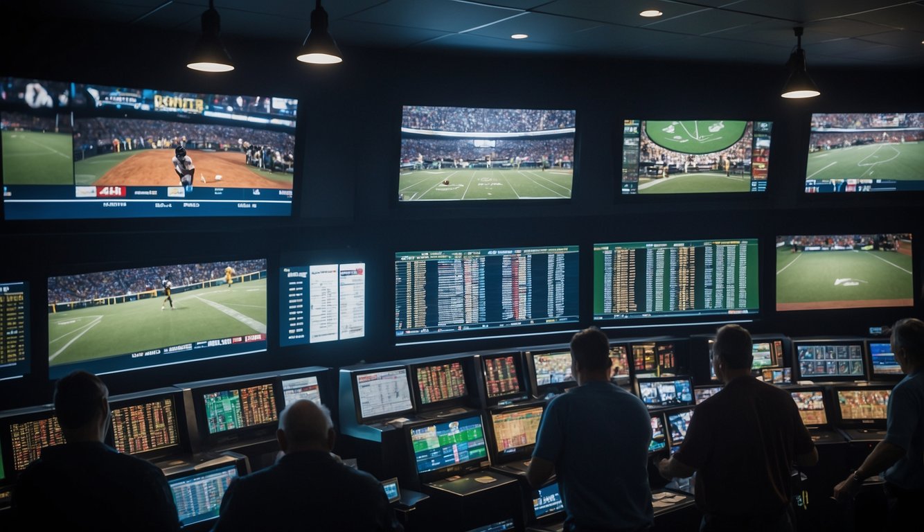 A crowded sportsbook with various betting options displayed on screens and posters, including moneyline, point spread, and over/under bets