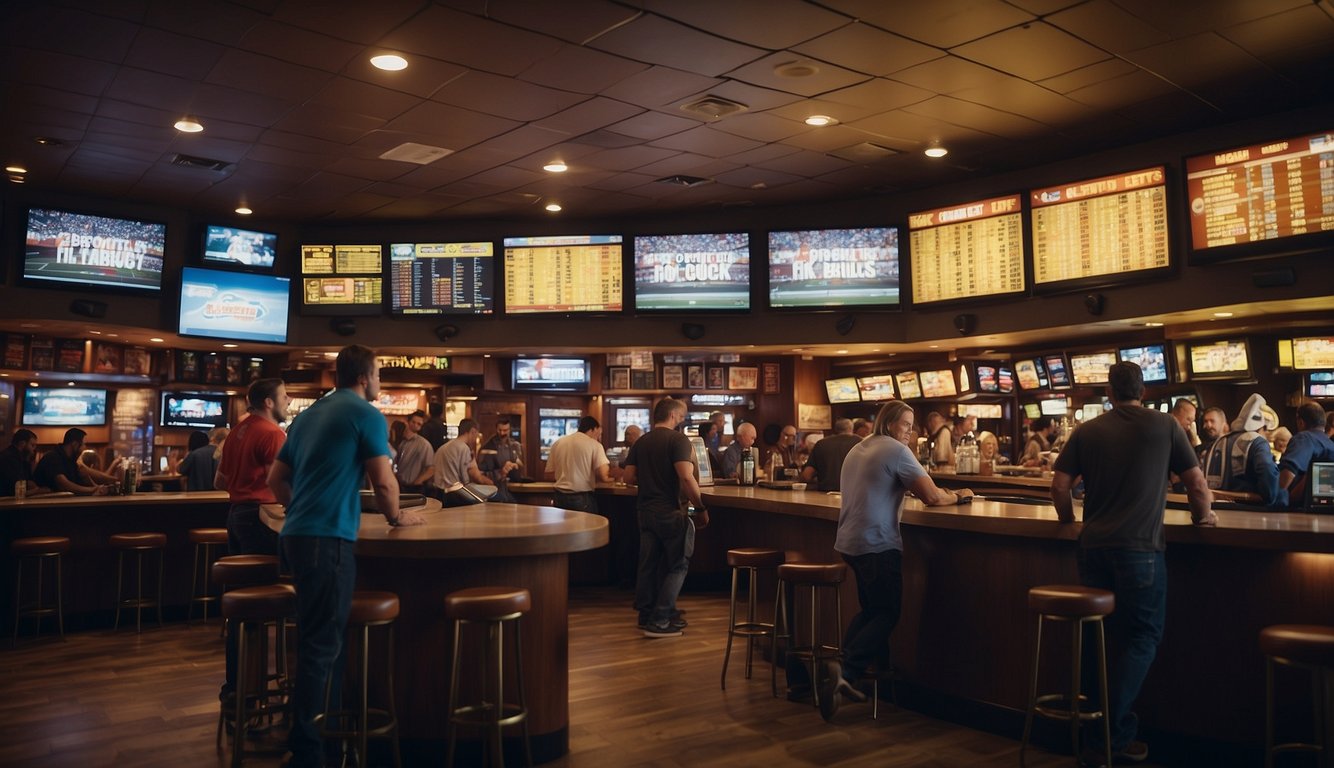 A crowded sports bar with banners advertising promotions and incentives for sports betting in Texas. Customers eagerly place bets at the counter