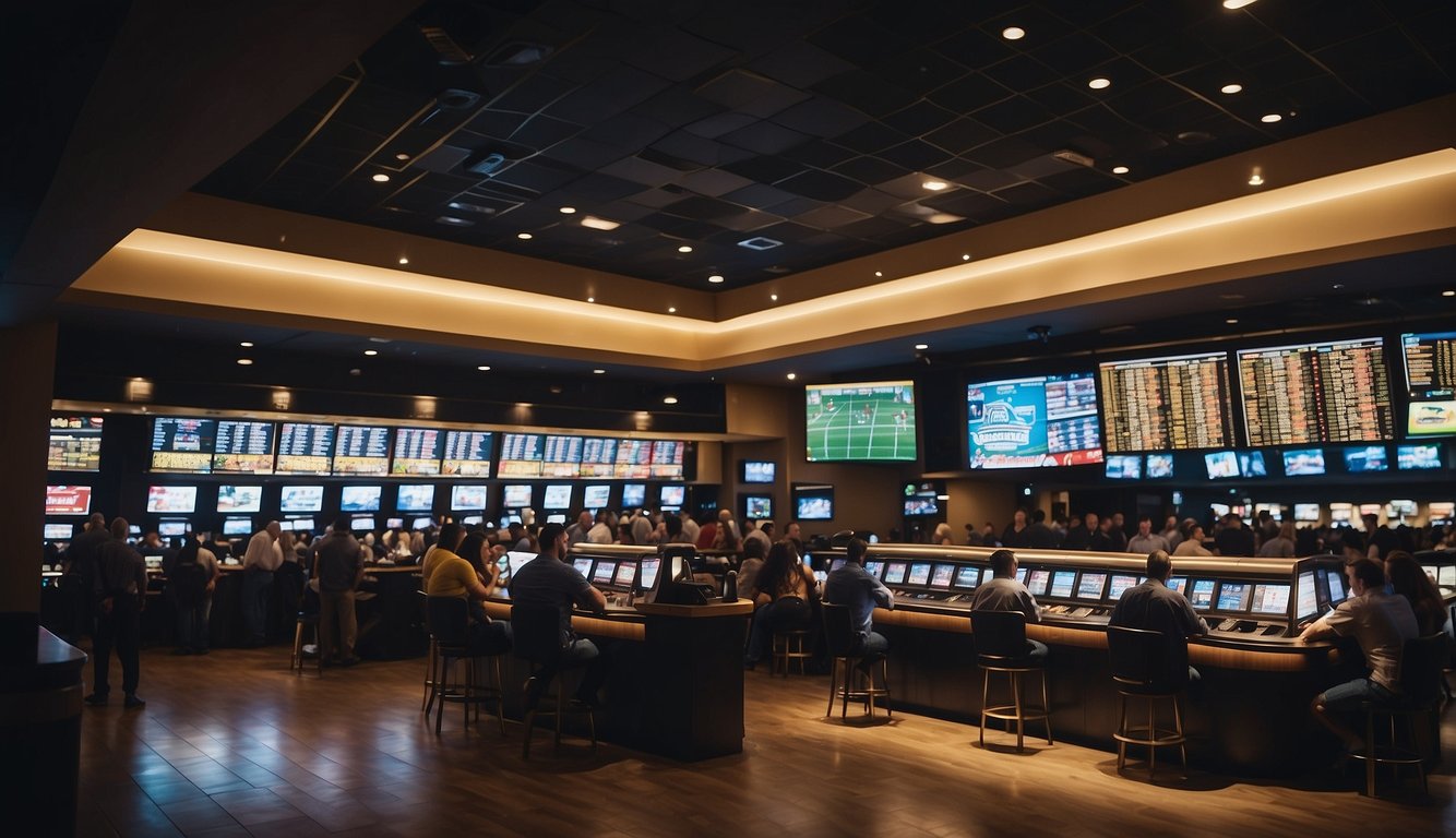 A bustling sportsbook with large screens and odds boards. Patrons cheer and place bets at the counter. A lively atmosphere with vendors selling snacks and drinks