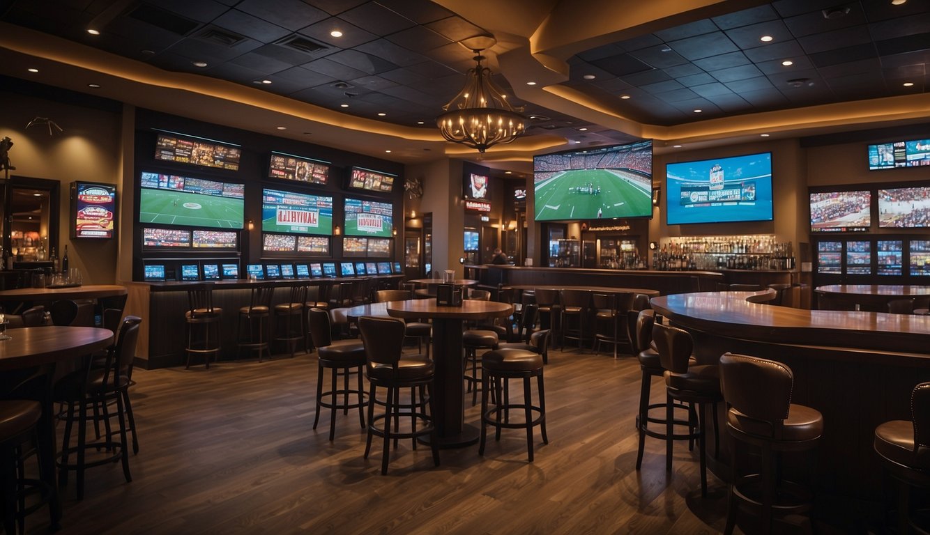 A bustling sports bar in Texas with large screens displaying live games, a crowd cheering and placing bets at sleek, modern kiosks