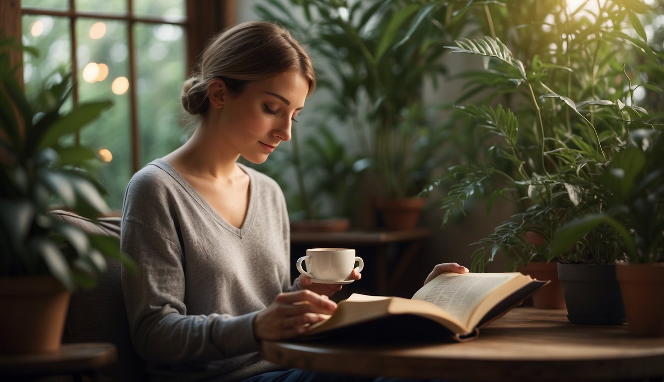 A person reading a book in a cozy corner, surrounded by plants and a cup of tea, with a serene expression on their face