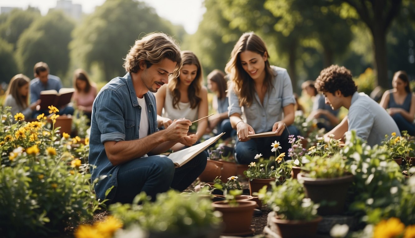 People gardening, painting, reading, and playing musical instruments in a park