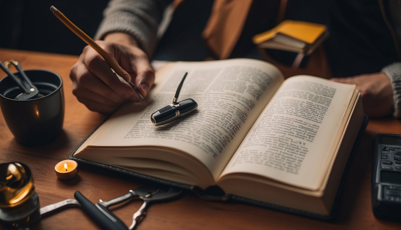 A person reading a book on personal growth, surrounded by various skill-building tools and resources