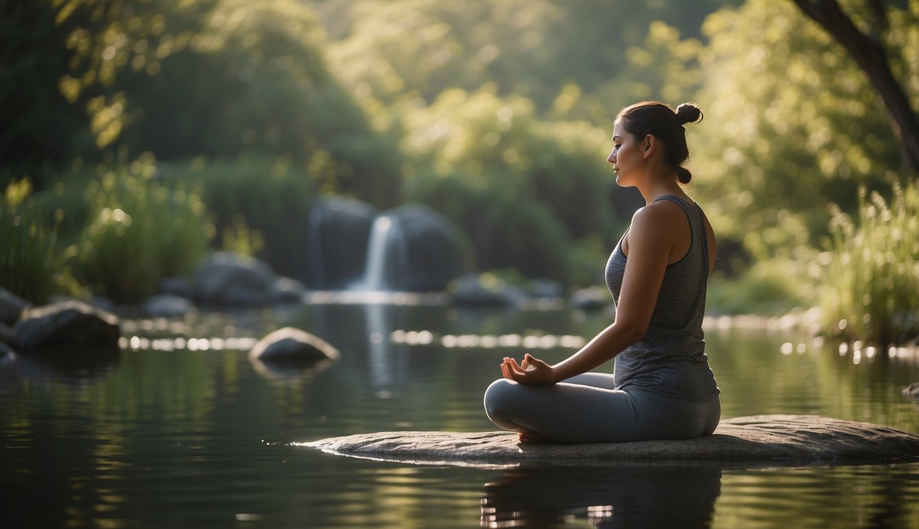 A serene setting with a person meditating or practicing yoga, surrounded by nature or calming elements like water or plants