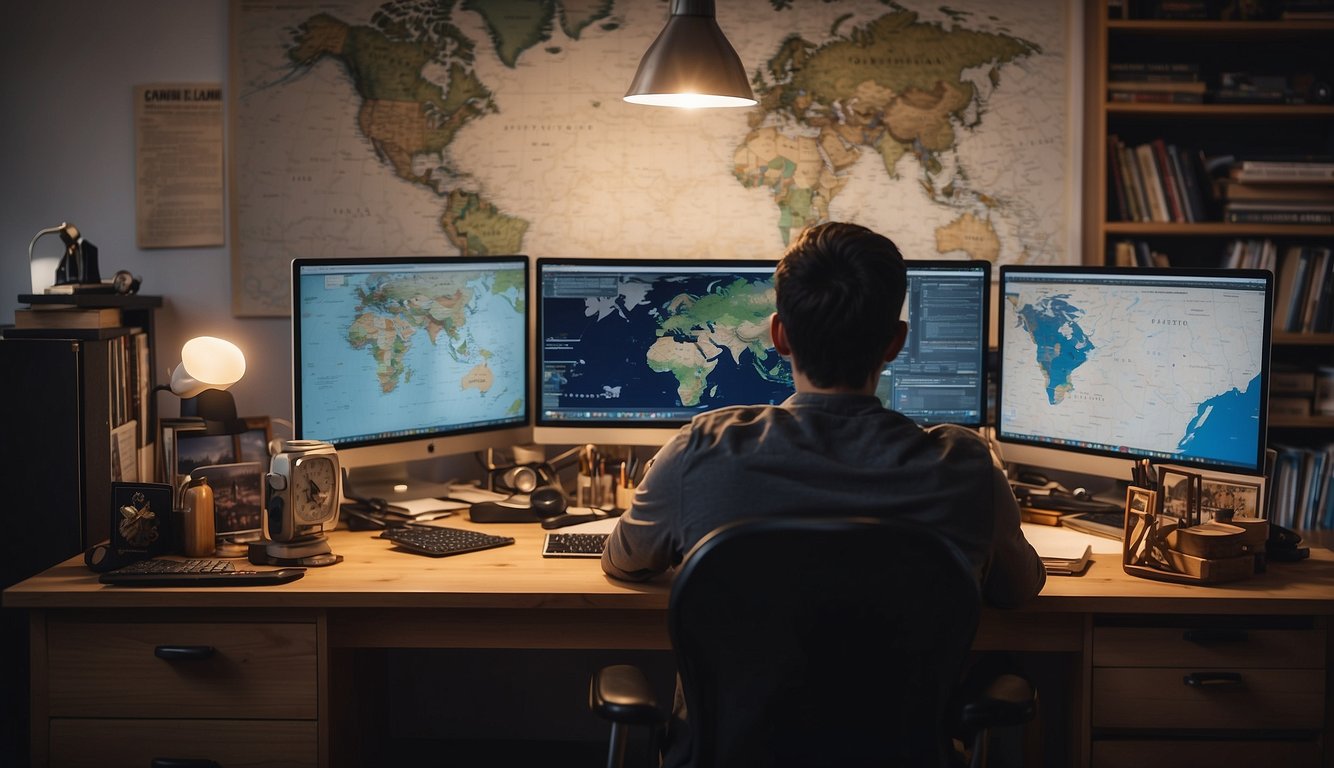 A person sitting at a desk surrounded by books, art supplies, and a computer, with a map on the wall and a telescope nearby