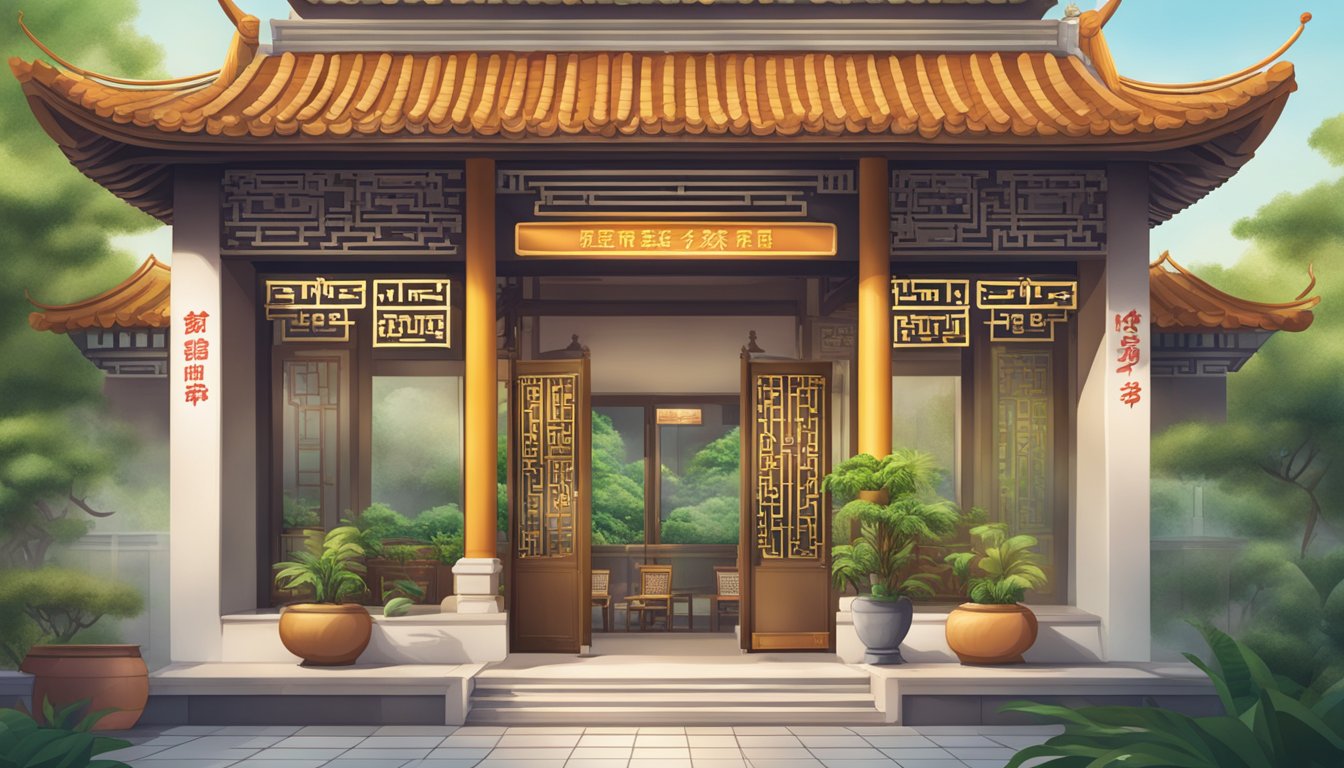 A vibrant storefront with Chinese Garden's iconic architecture, showcasing the sign "Best Licensed Money Lender in Chinese Garden Singapore."