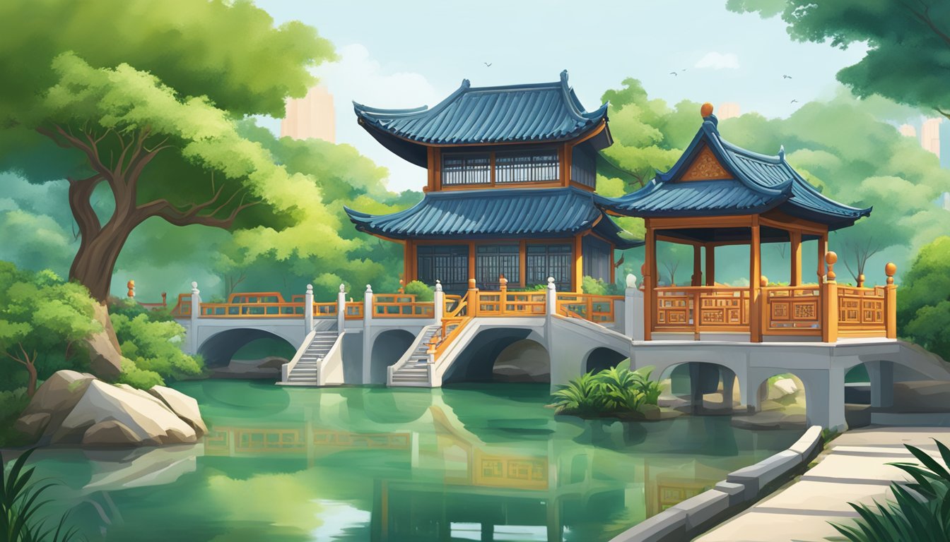 A serene Chinese garden with traditional architecture and lush greenery, showcasing the best licensed money lender in Singapore