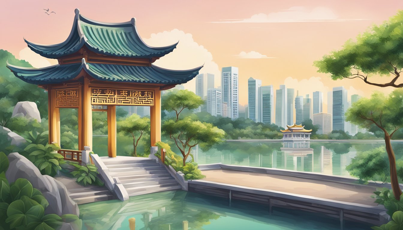 A signboard with "Reputable Licensed Money Lender" in Chinese Garden, Singapore. Surrounding buildings and greenery in the background