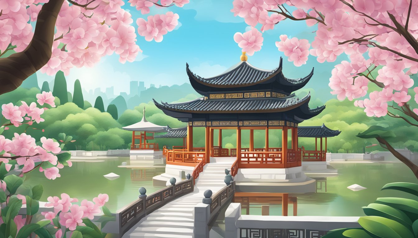 A signboard with "Best Licensed Money Lender" in Chinese Garden, Singapore. Background of a serene garden with traditional Chinese architecture