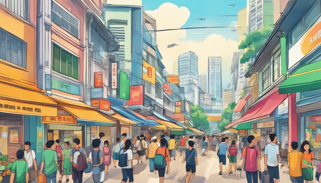 A bustling Bugis street with colorful shopfronts and a prominent sign for the "Best Licensed Money Lender" in Singapore. Pedestrians and vendors fill the busy scene
