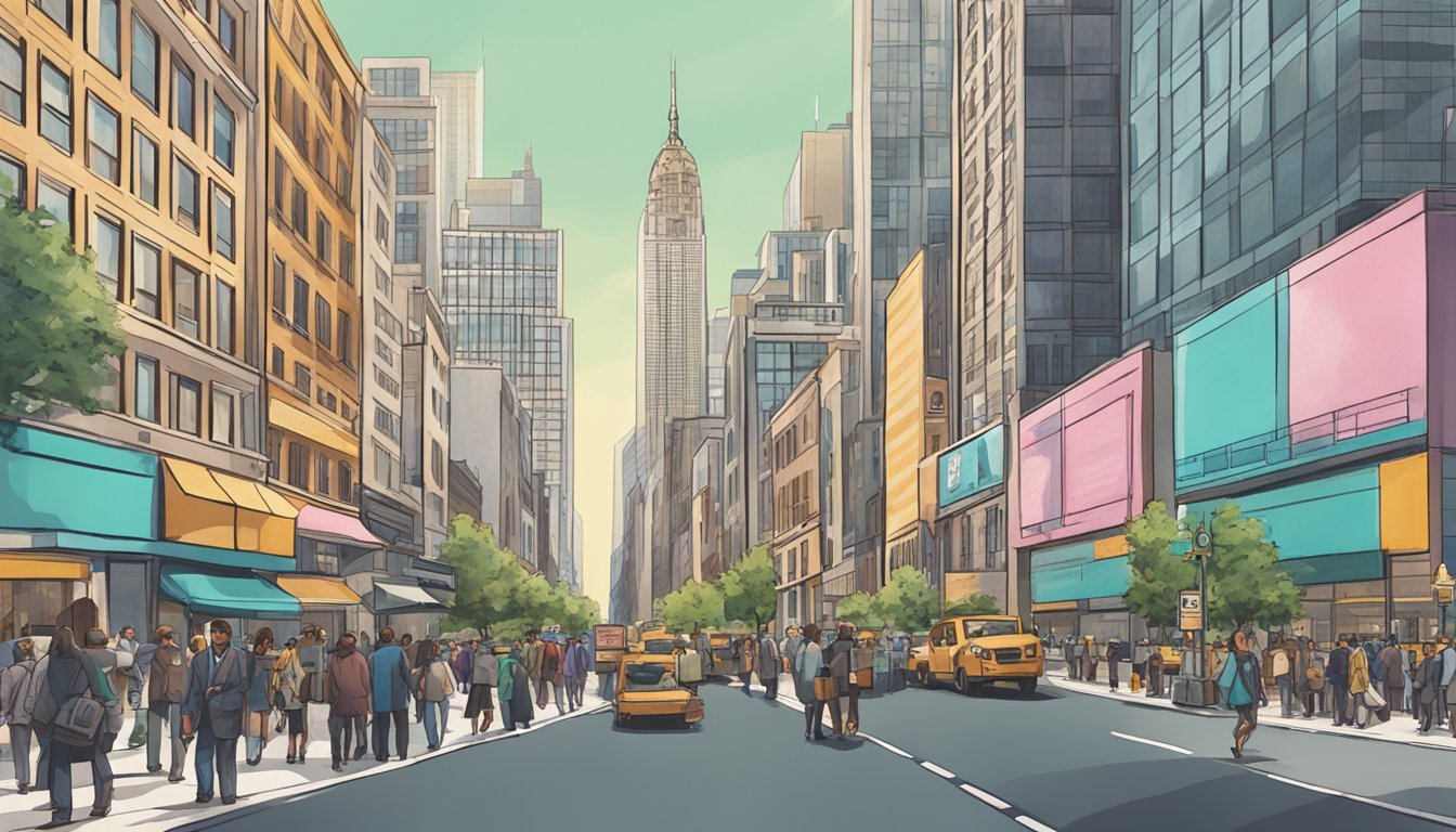 A bustling downtown street with a prominent sign for "Best Licensed Money Lender" amidst a backdrop of tall buildings and busy pedestrians