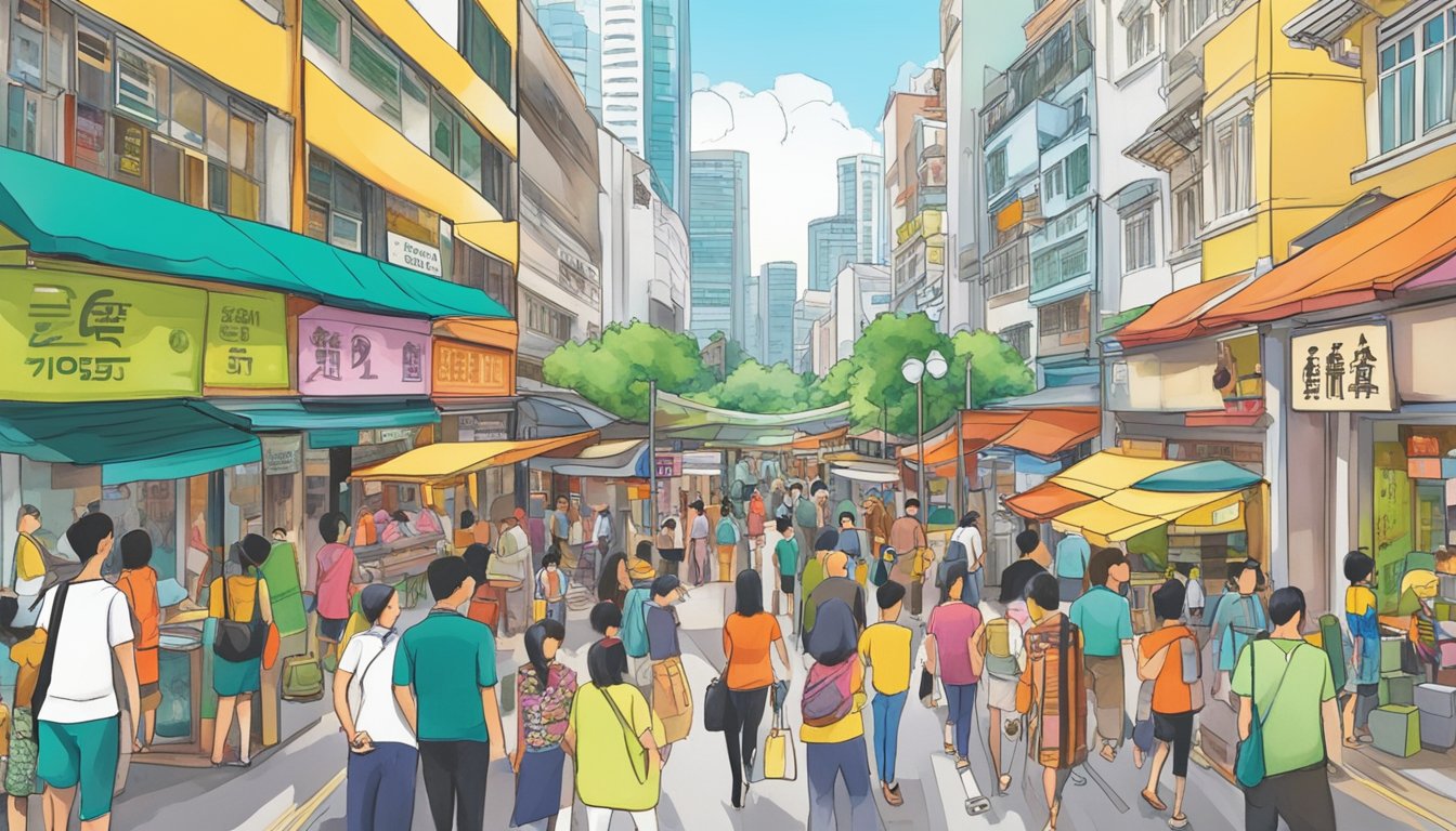 A bustling street in Telok Ayer, Singapore, with a prominent sign for the "Best Licensed Money Lender." Pedestrians and colorful storefronts line the busy thoroughfare