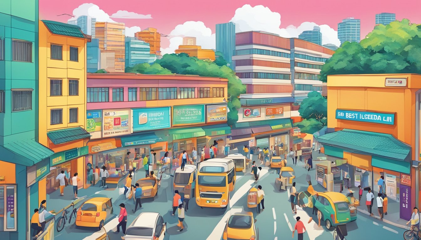 A bustling street in Boon Lay, Singapore, with a prominent sign reading "Best Licensed Money Lender." Bright colors and busy foot traffic