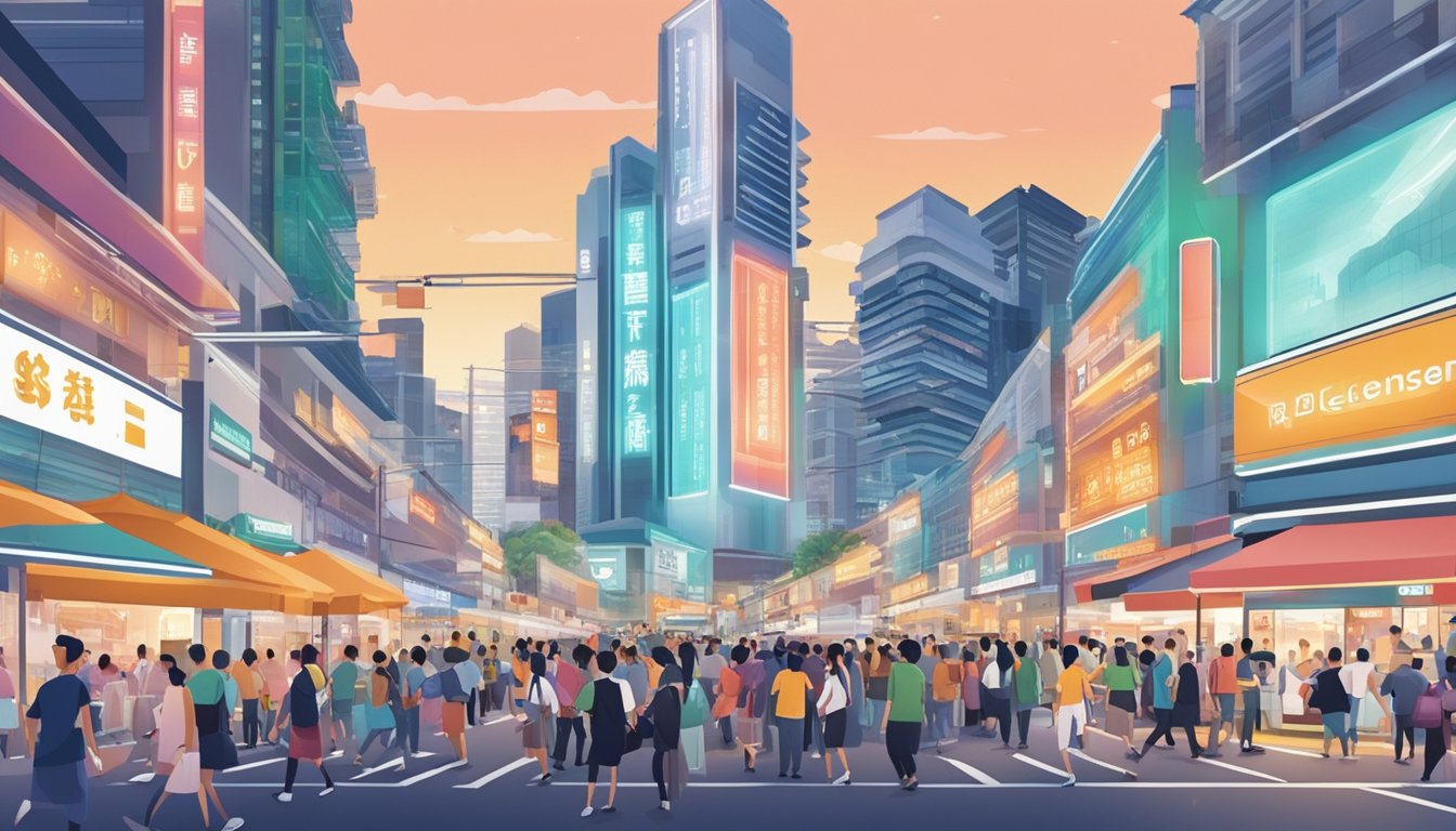 A bustling street in Bugis, Singapore, with a prominent sign for the Best Licensed Money Lender. Bright lights and a steady flow of people create a sense of urgency and opportunity