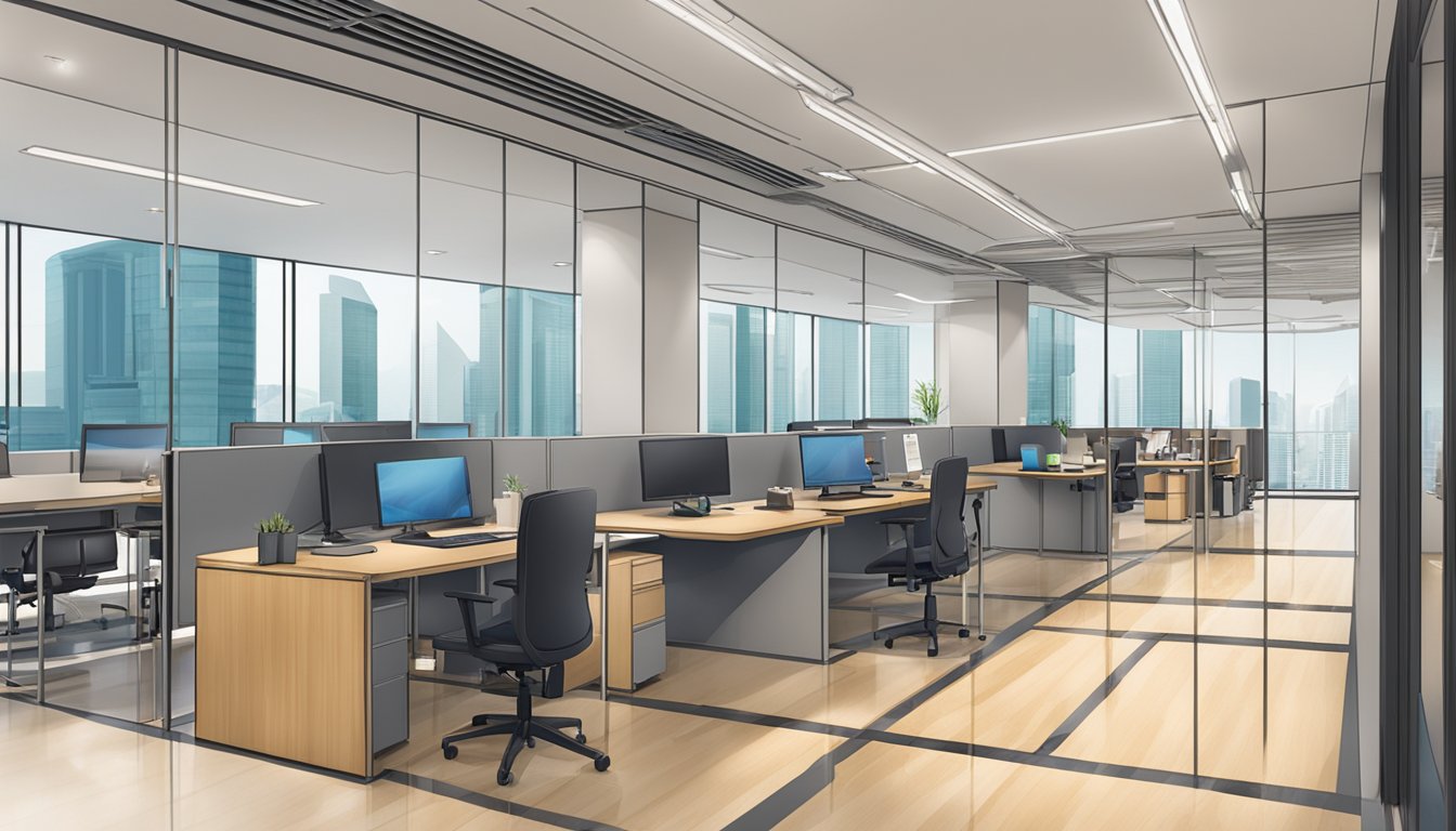 A well-lit office with a prominent sign reading "Reputable Licensed Money Lender" in Bugis, Singapore. A professional atmosphere with clean, organized desks and a friendly reception area
