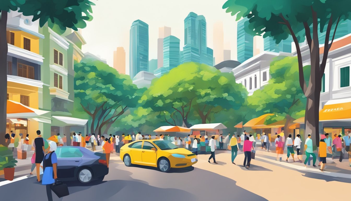 A bustling street in Fort Canning, Singapore, with a prominent sign for the "Best Licensed Money Lender." Bright colors and busy foot traffic