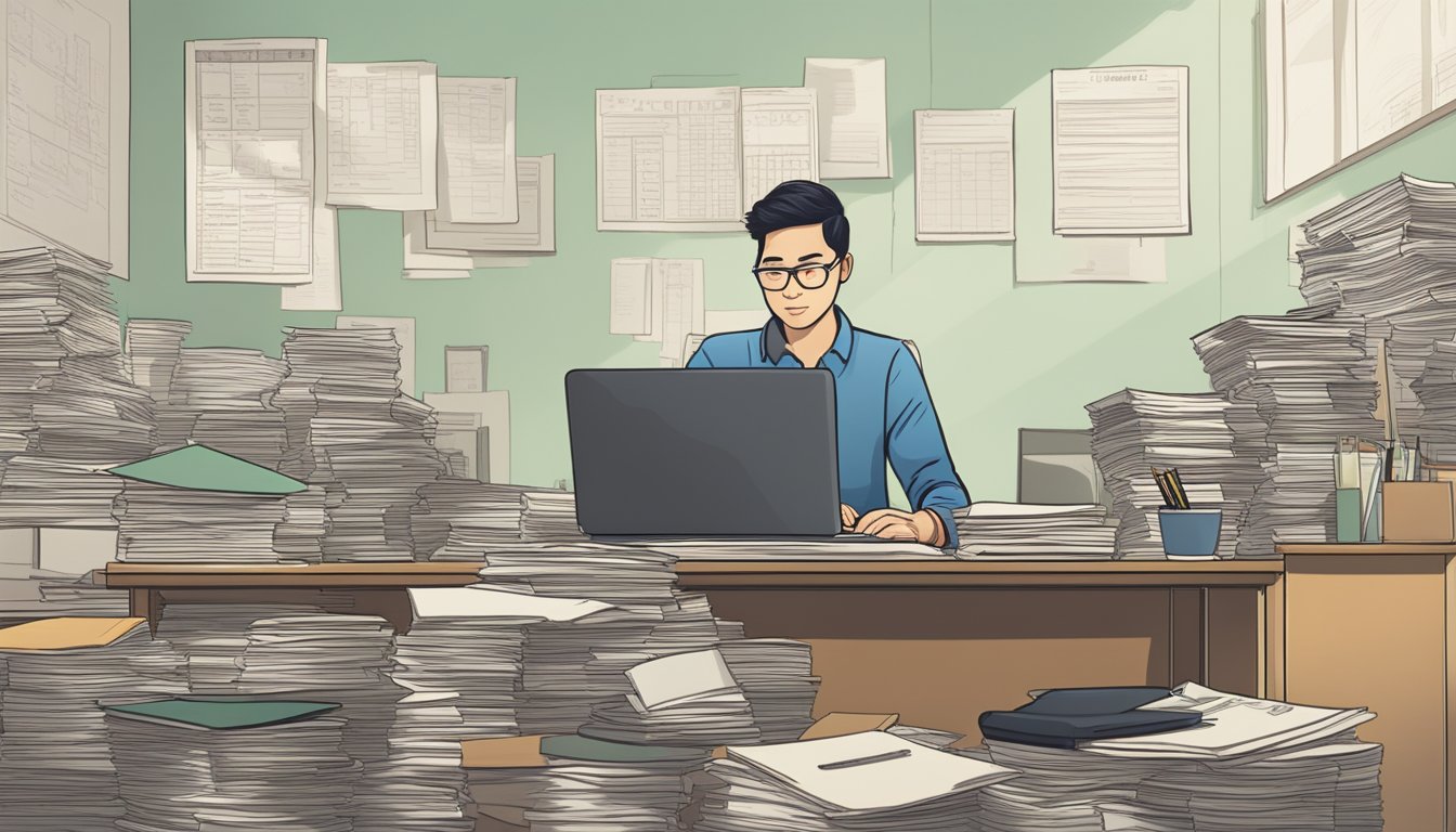 A person sitting at a desk, surrounded by paperwork and a laptop, with a calculator and pen in hand. A sign on the wall reads "Best Licensed Money Lender Bugis Singapore."