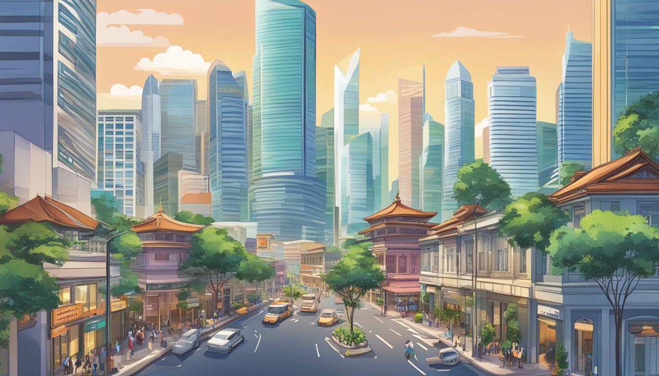 A bustling cityscape with skyscrapers and a prominent sign reading "Best Licensed Money Lender Downtown Singapore" in downtown