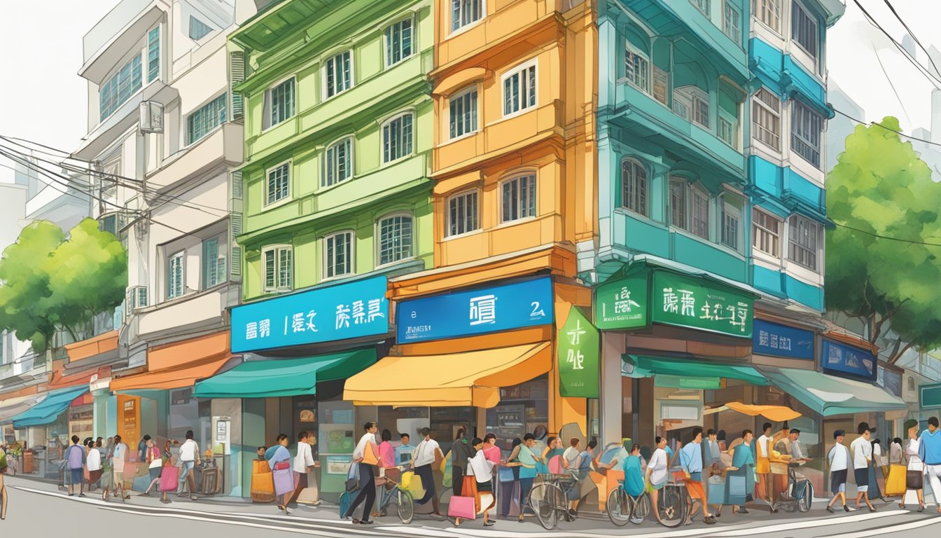 A bustling street in Telok Ayer, with a prominent sign for a licensed money lender. Bright colors and a mix of modern and traditional architecture
