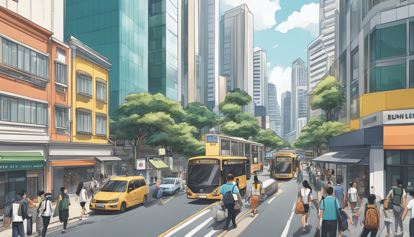 A bustling city street with a prominent sign reading "Reputable Licensed Money Lender Downtown Singapore" surrounded by modern buildings and busy pedestrians
