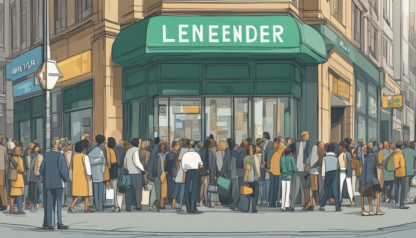 A bustling city street with tall buildings and a prominent sign for a licensed money lender. People are seen entering and exiting the building, while others are waiting in line outside. The scene exudes a sense of urgency and financial need
