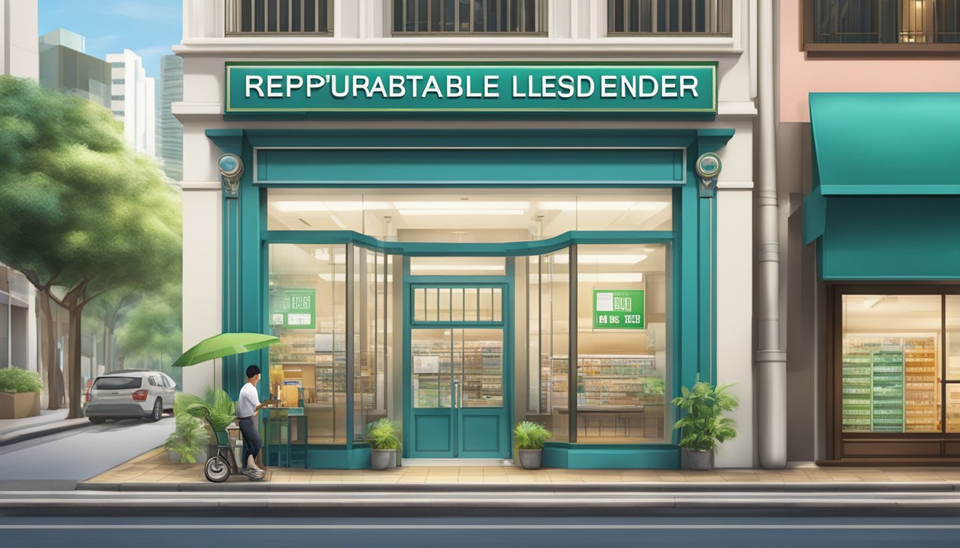 A sign reading "Reputable Licensed Money Lender" in Telok Ayer, Singapore, with a clear view of the storefront and surrounding area