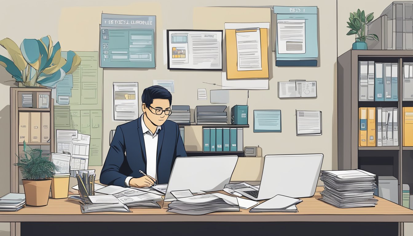 A person sitting at a desk, surrounded by paperwork and a laptop, with a calculator and pen in hand. A sign on the wall reads "Best Licensed Money Lender Telok Ayer Singapore."