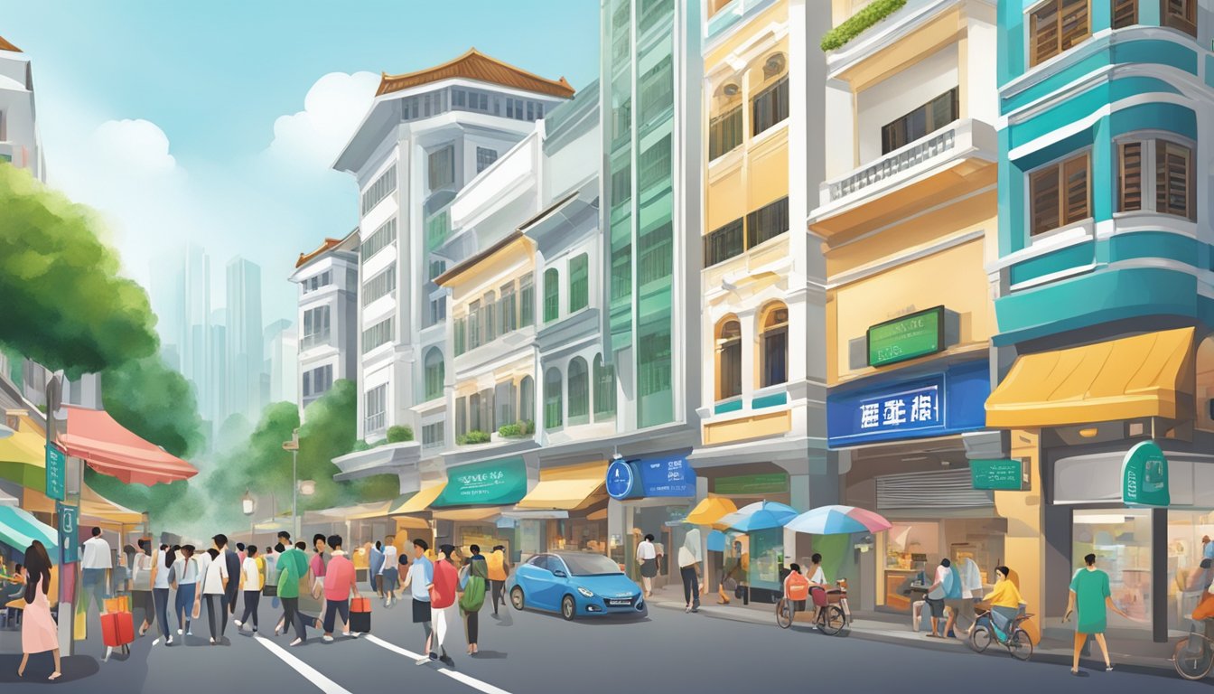A bustling street in Fort Canning with a prominent sign for a licensed money lender, surrounded by vibrant shops and busy pedestrians