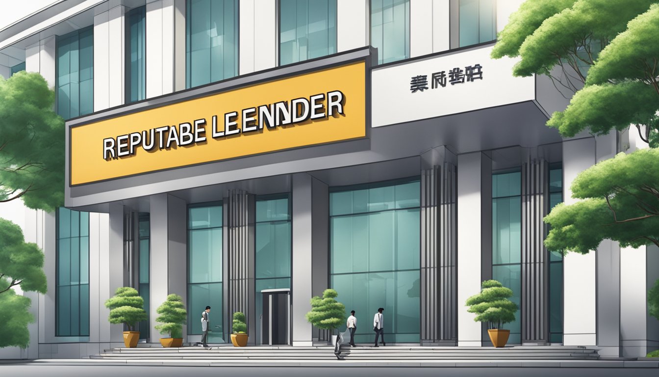 A signboard outside a modern office building with the words "Reputable Licensed Money Lender" in bold letters. The building is located in Fort Canning, Singapore