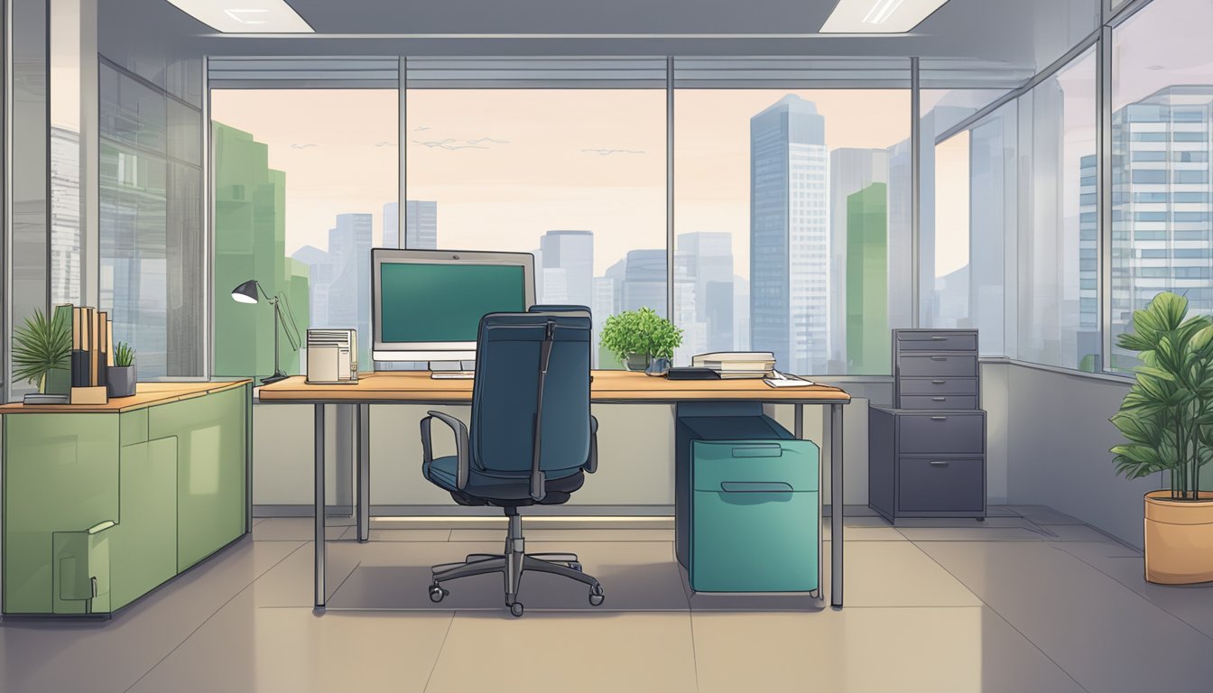 A well-lit office with a professional-looking desk and chair. A sign on the wall reads "Best Licensed Money Lender Fort Canning Singapore." Documents and a computer are neatly arranged on the desk