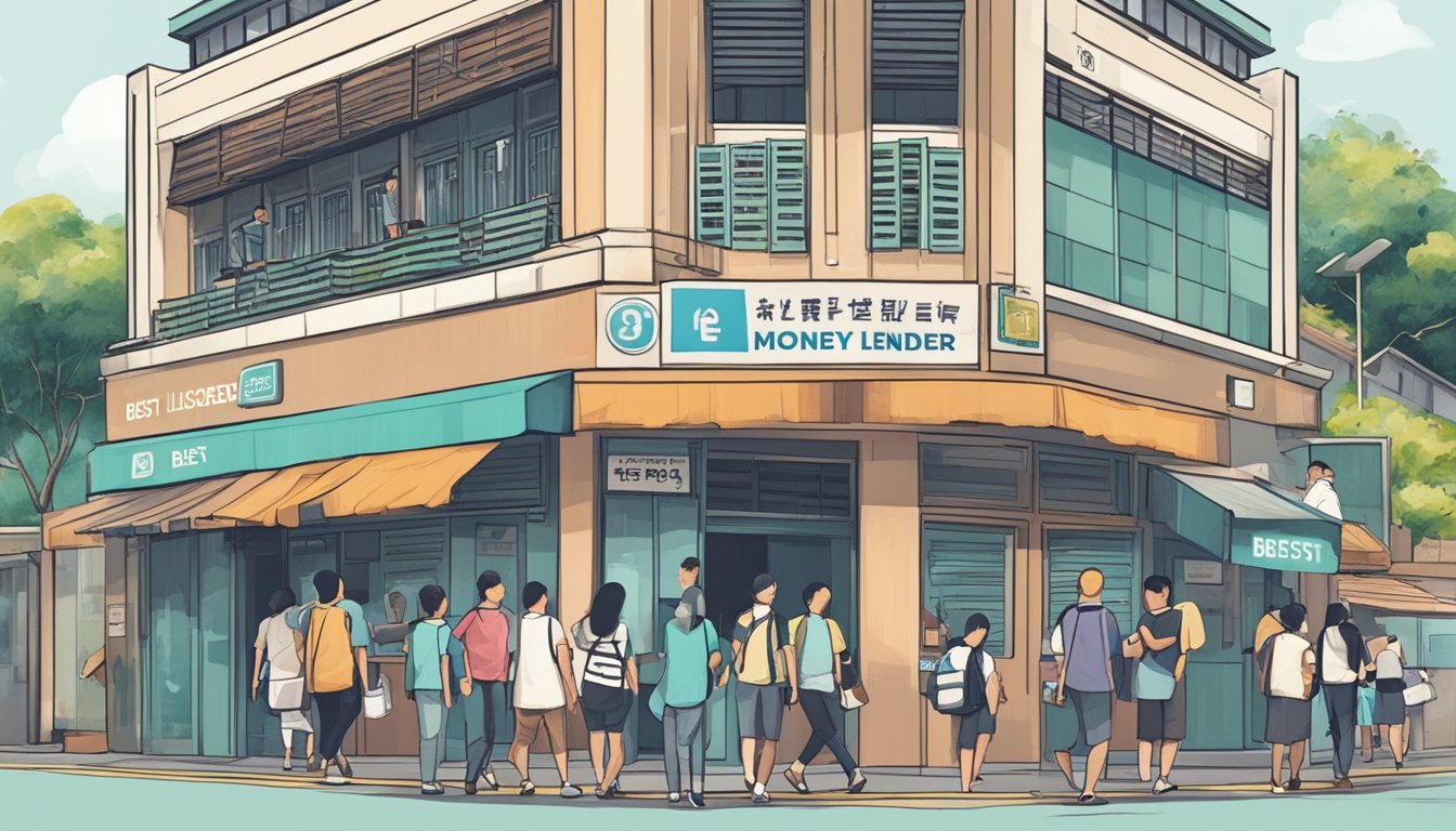 A bustling street in Boon Lay, Singapore, with a prominent sign reading "Best Licensed Money Lender." People enter and exit the building, indicating a steady flow of customers