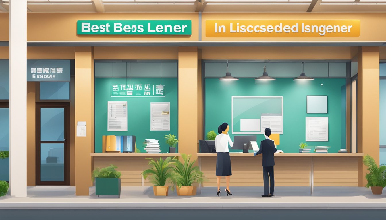 A signboard with "Best Licensed Money Lender in Boon Lay Singapore" prominently displayed, surrounded by a clean and professional office setting