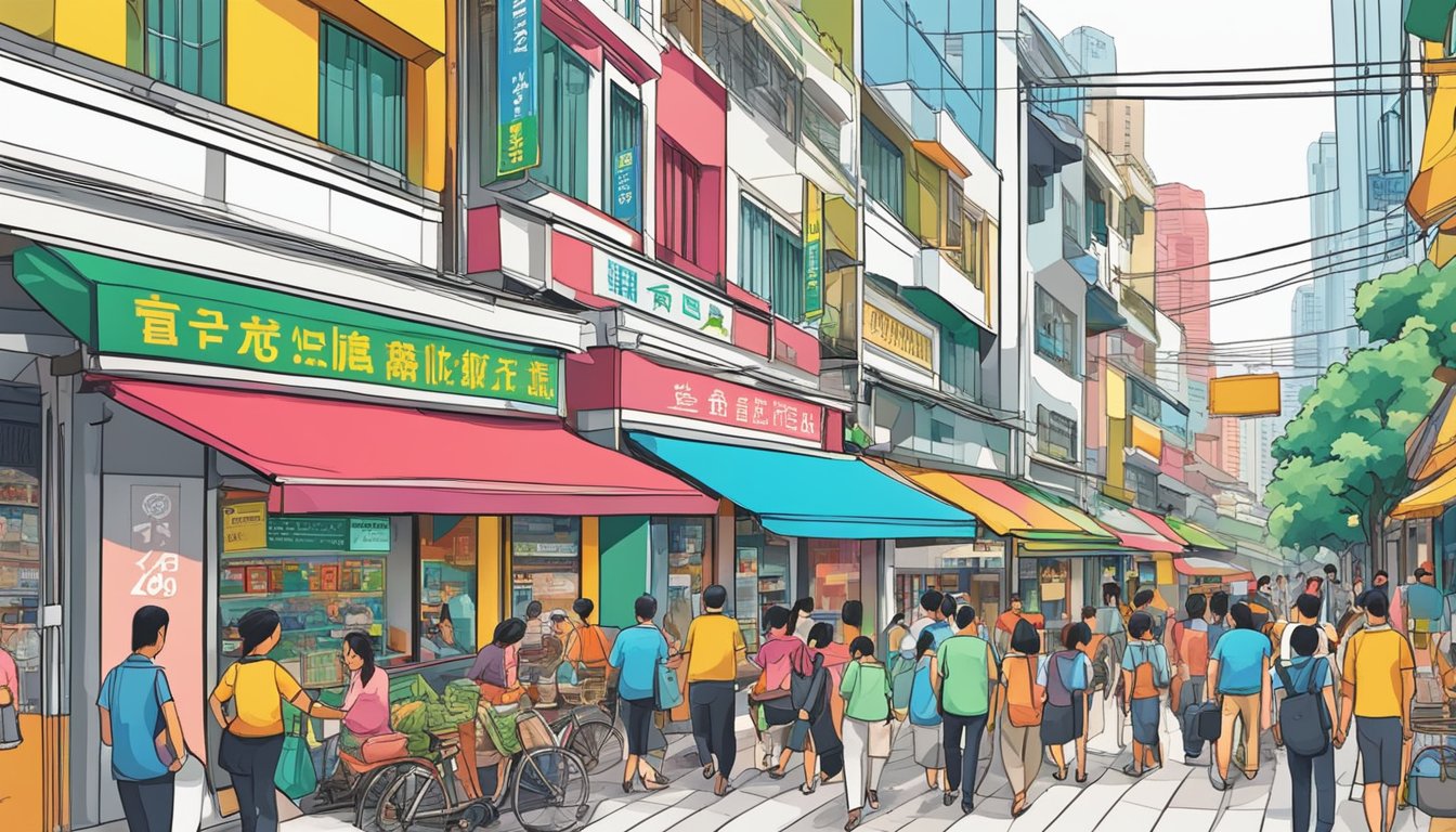 A bustling street in Bencoolen, Singapore, with a prominent sign for the "Best Licensed Money Lender." Bright colors and diverse storefronts line the busy sidewalk