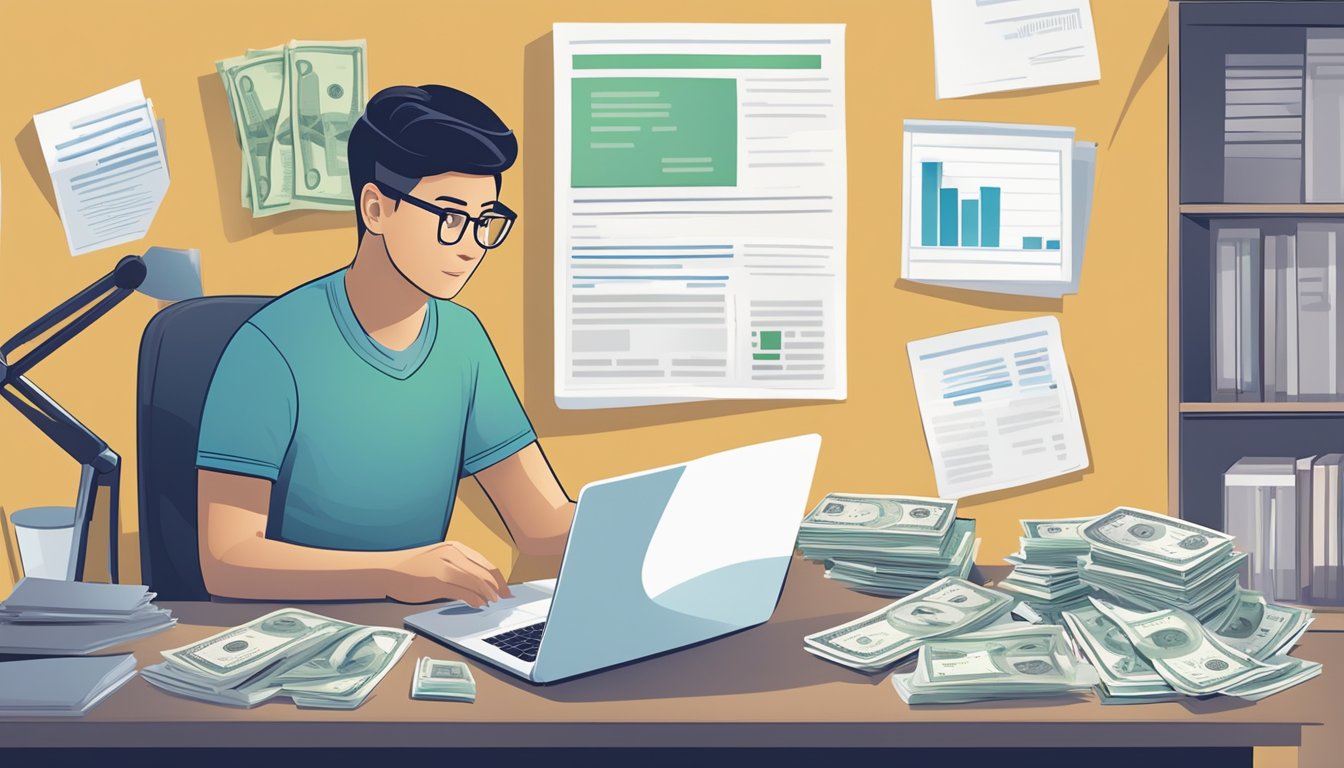 A person researching licensed money lenders in Boon Lay, Singapore, surrounded by financial documents and a laptop, weighing important considerations before borrowing